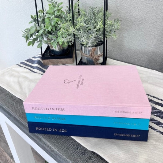 Anchored Faith Journal 3-pack in Blush Serenity, Teal Tranquility and Navy Grace linen hardcovers stacked